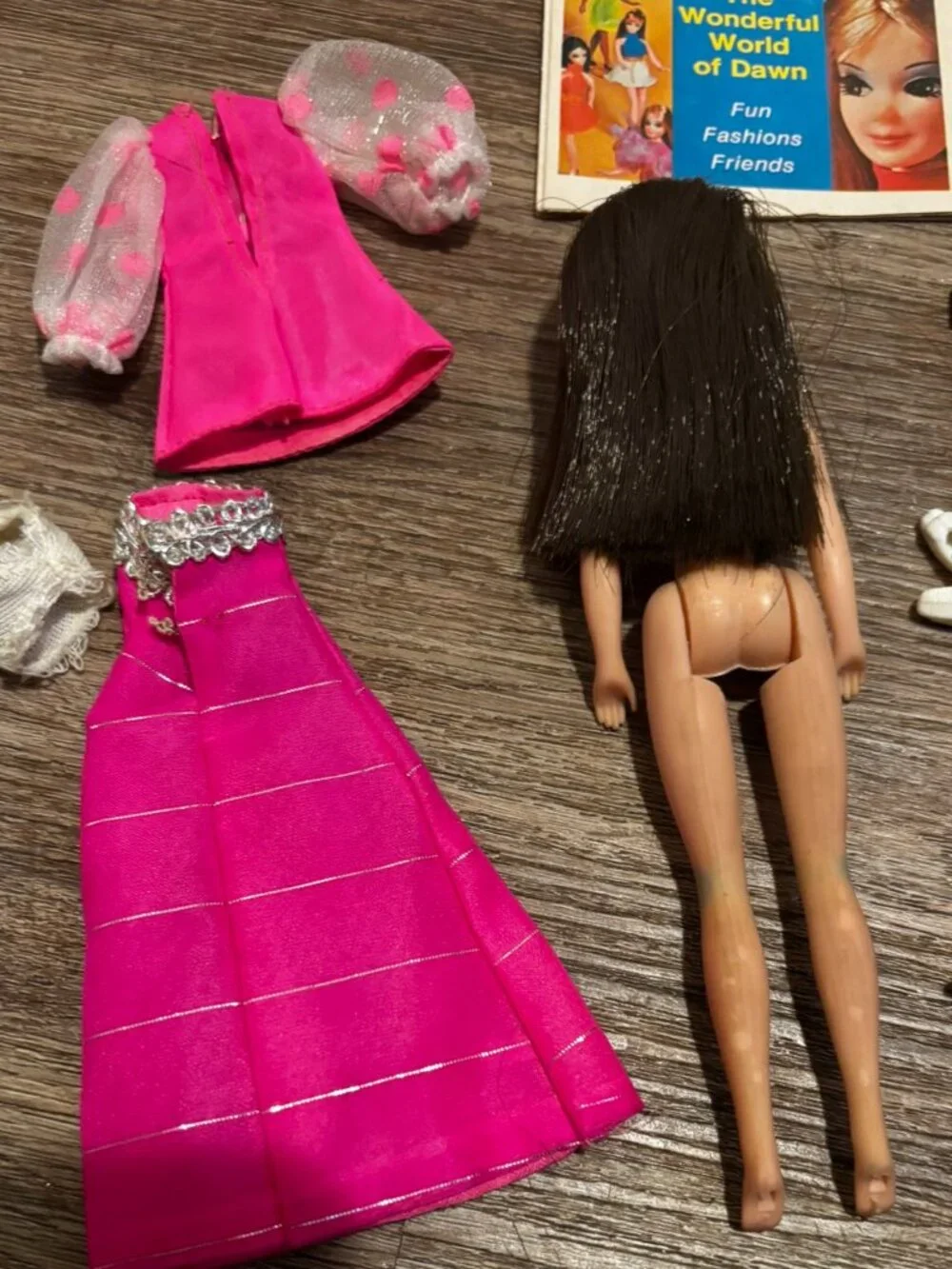 Topper Dawn Angie Doll wearing original pink mini includes Shocker Frocker